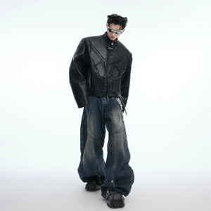 Back view of statement jacket showing distressed details and sci-fi futurism streetwear elements