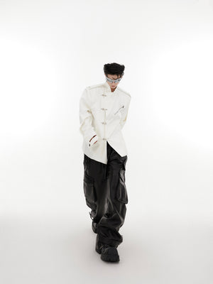 Detailed view of epaulet shoulder design on contemporary Chinese-inspired bomber jacket