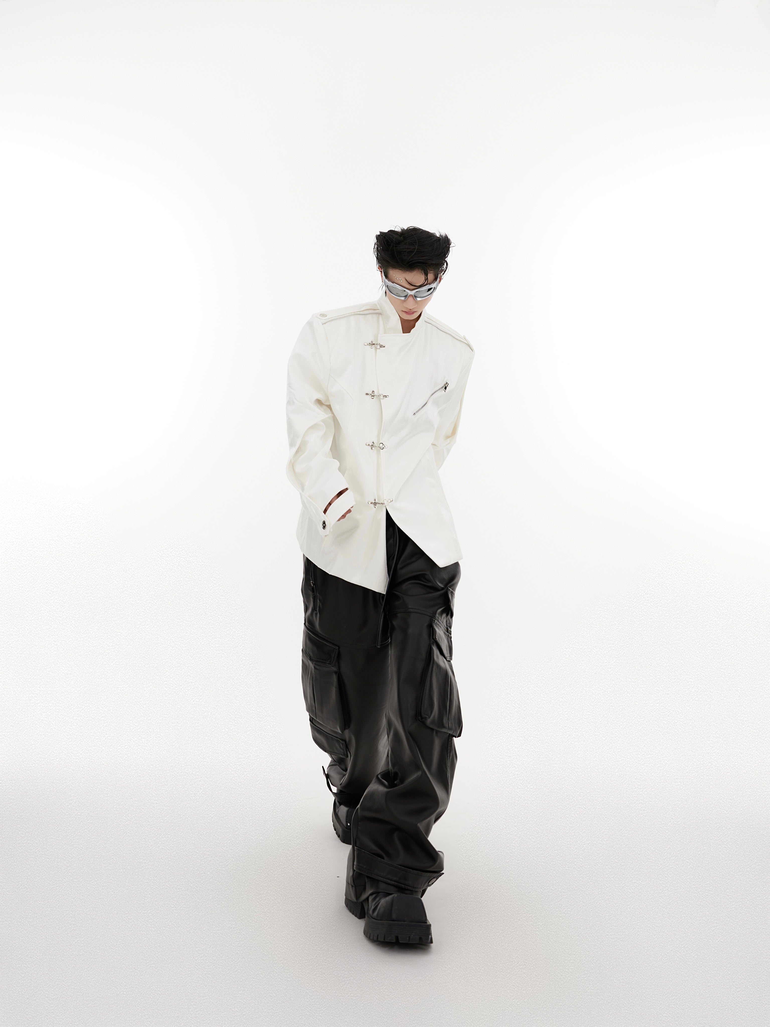 Detailed view of epaulet shoulder design on contemporary Chinese-inspired bomber jacket
