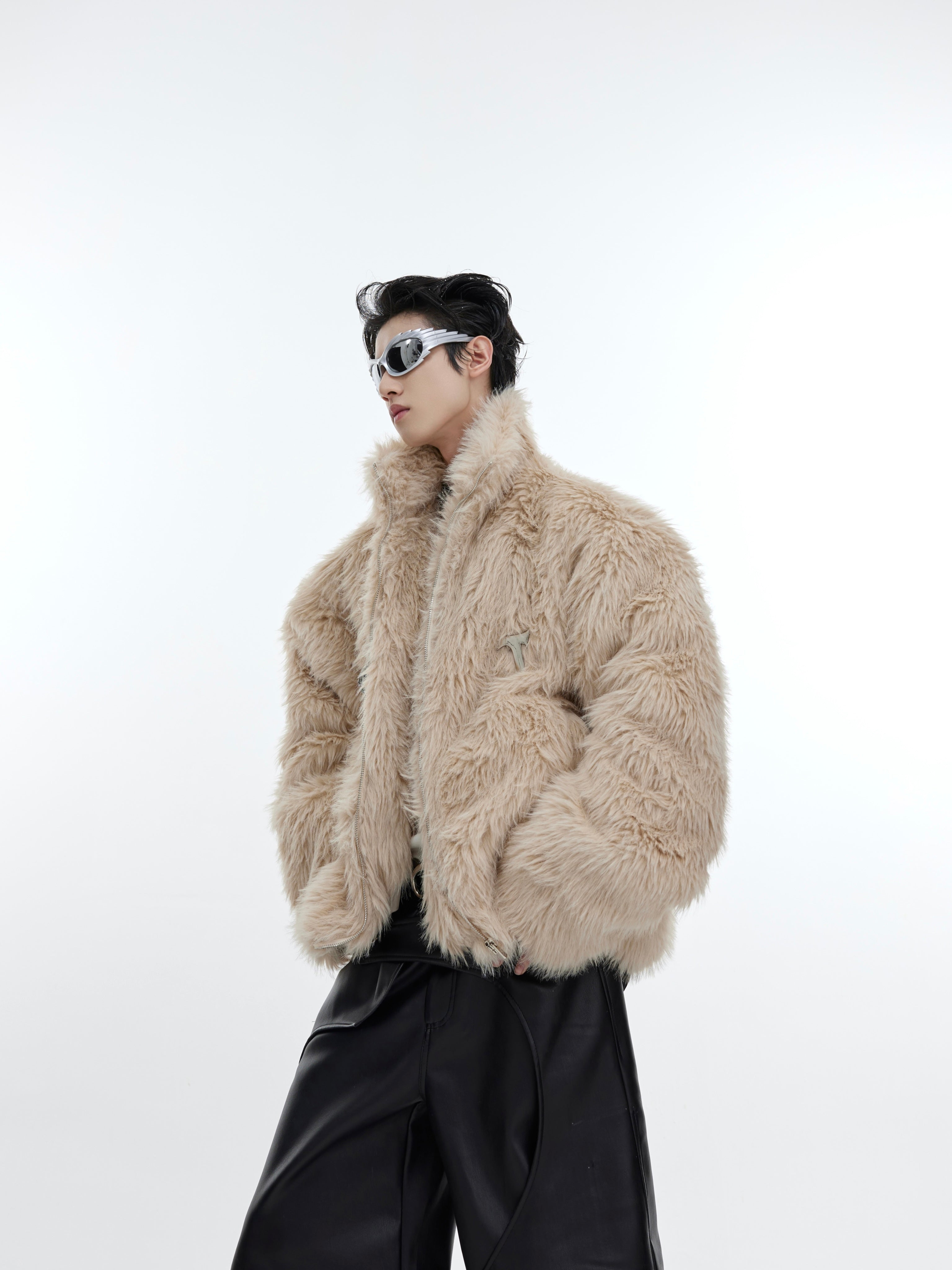 Front view of plush faux fur stand-collar coat, showing avant-garde streetwear design with monochromatic flow
