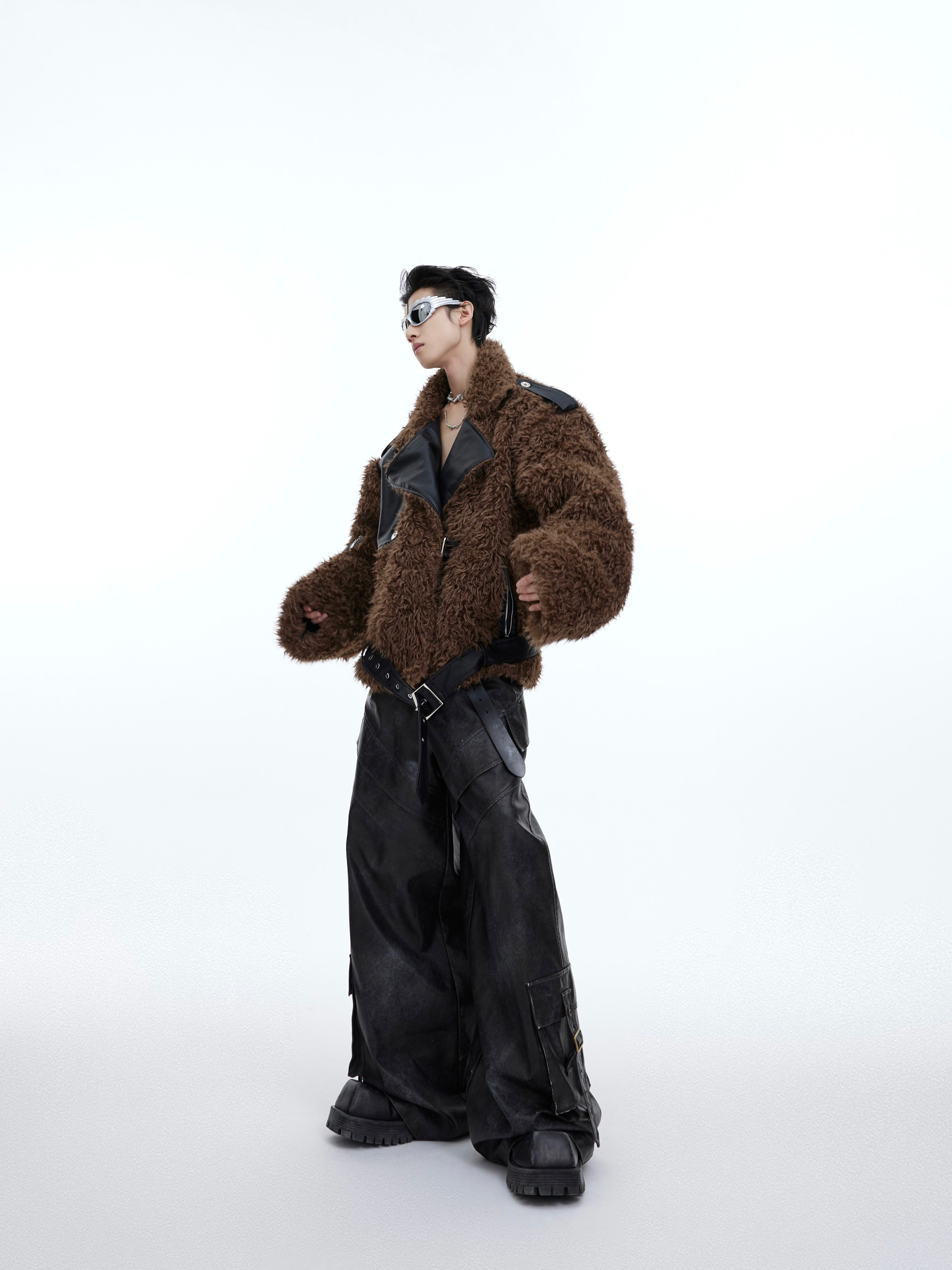 Stylish winter layering with this avant-garde faux fur cropped jacket for urban fashion