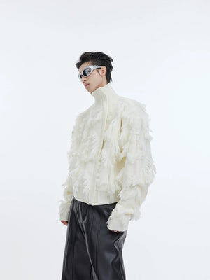Oversized crochet knit sweater with fringe detailing and distressed elements, featuring a thick stand collar and zip-up front
