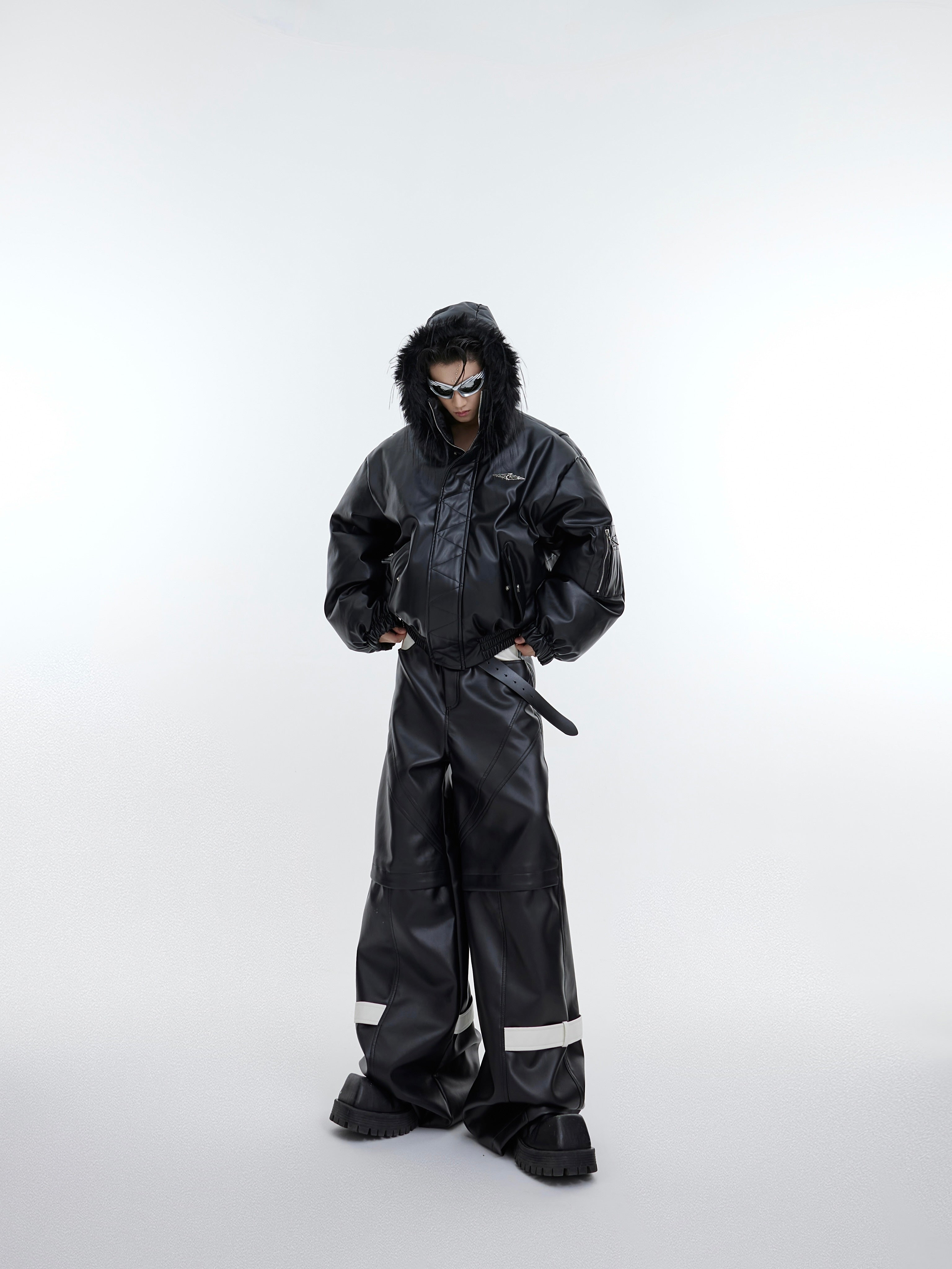 Fashion model wearing the deconstructed puffer jacket showing perfect fit and urban edge styling