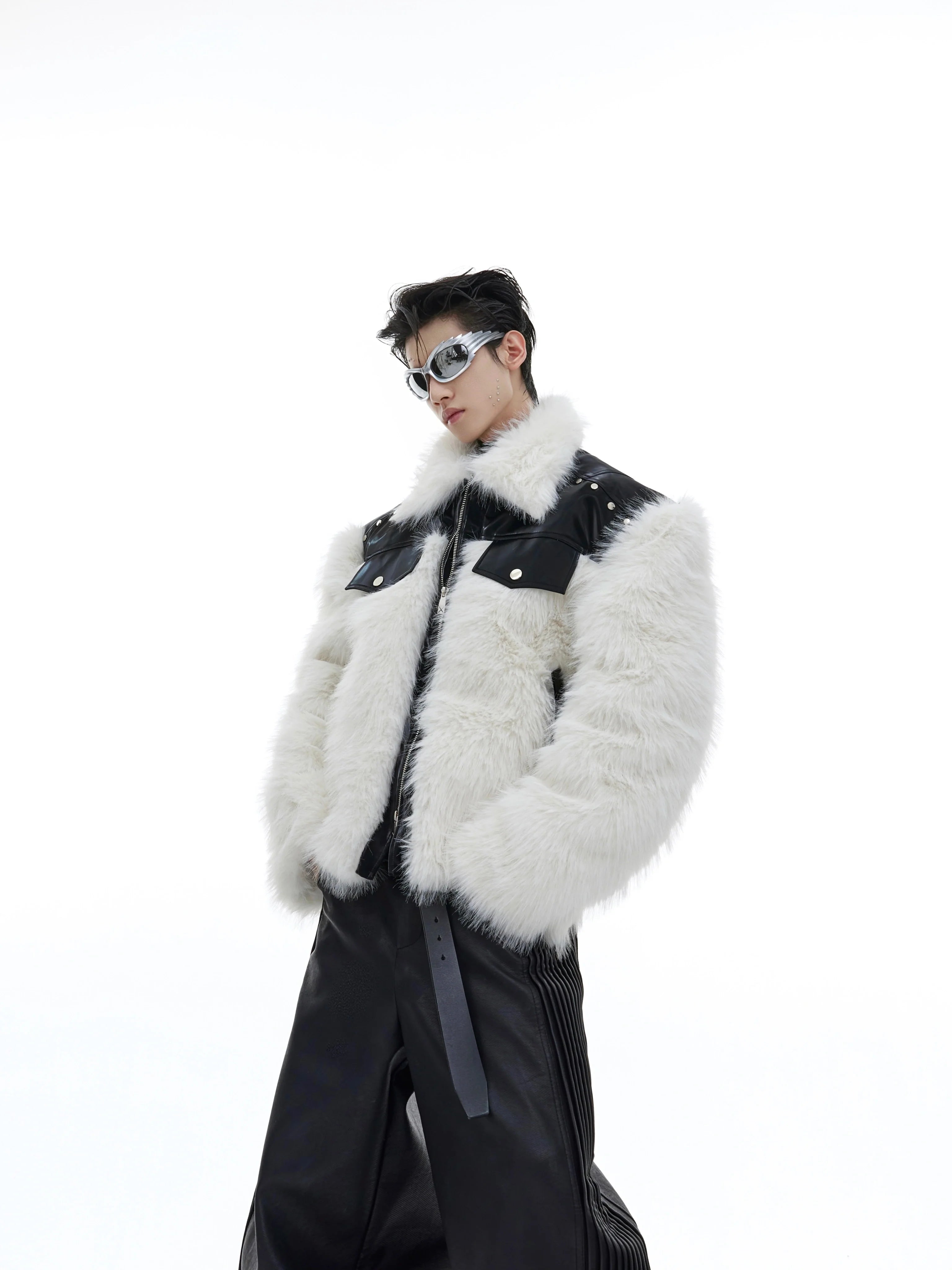 Front view of deconstructed fur-trim leather bomber jacket with shearling collar, showcasing premium PU leather construction
