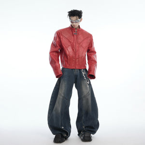 Detail shot of revolutionary 3D panel construction on avant-garde biker coat with stand collar