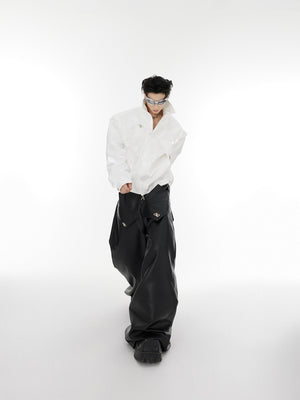 Avant-garde leather jacket showcasing bold geometric details and an innovative liquid shoulder construction
