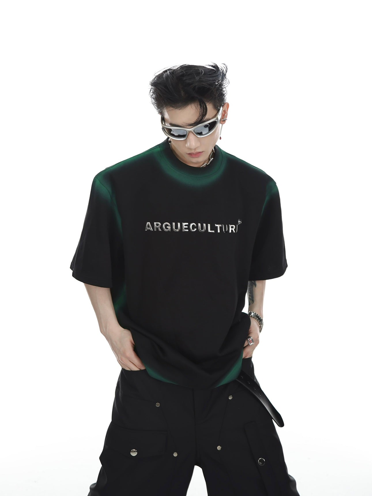Close-up back detail of gradient metallic print on streetwear t-shirt with drop-shoulder silhouette