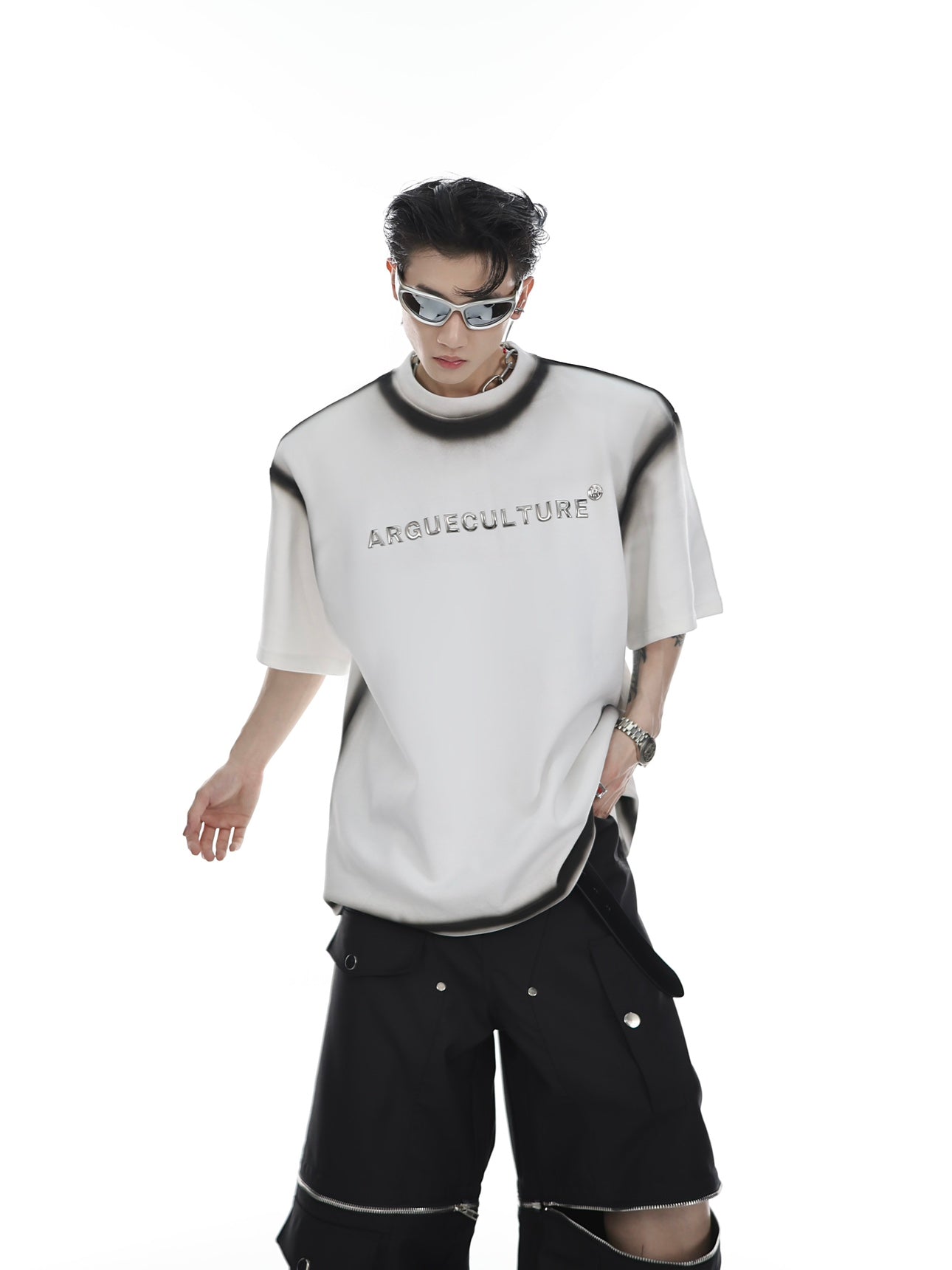 Front view of graffiti graphic tee with metallic ombre print and drop-shoulder design, urban streetwear style