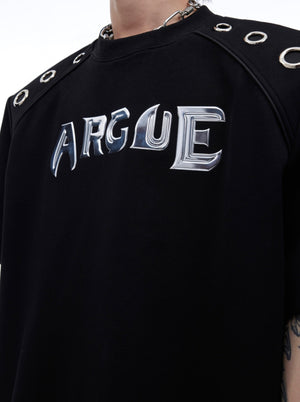 Close-up detail of the urban edge graphic logo on this high fashion statement tee