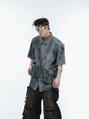 Back view showing the unique tie-dye pattern and raw distressing on this loose streetwear denim coat