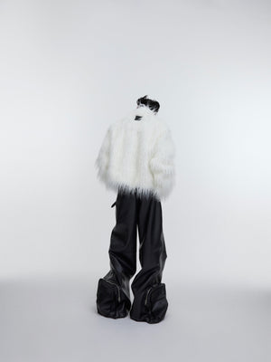 Close-up detail of the heavyweight faux fur coat showing the luxurious long pile texture and wave print pattern