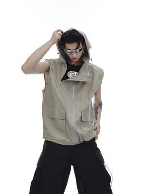 Cutting-edge hooded vest with unique elbow detailing and urban fashion style
