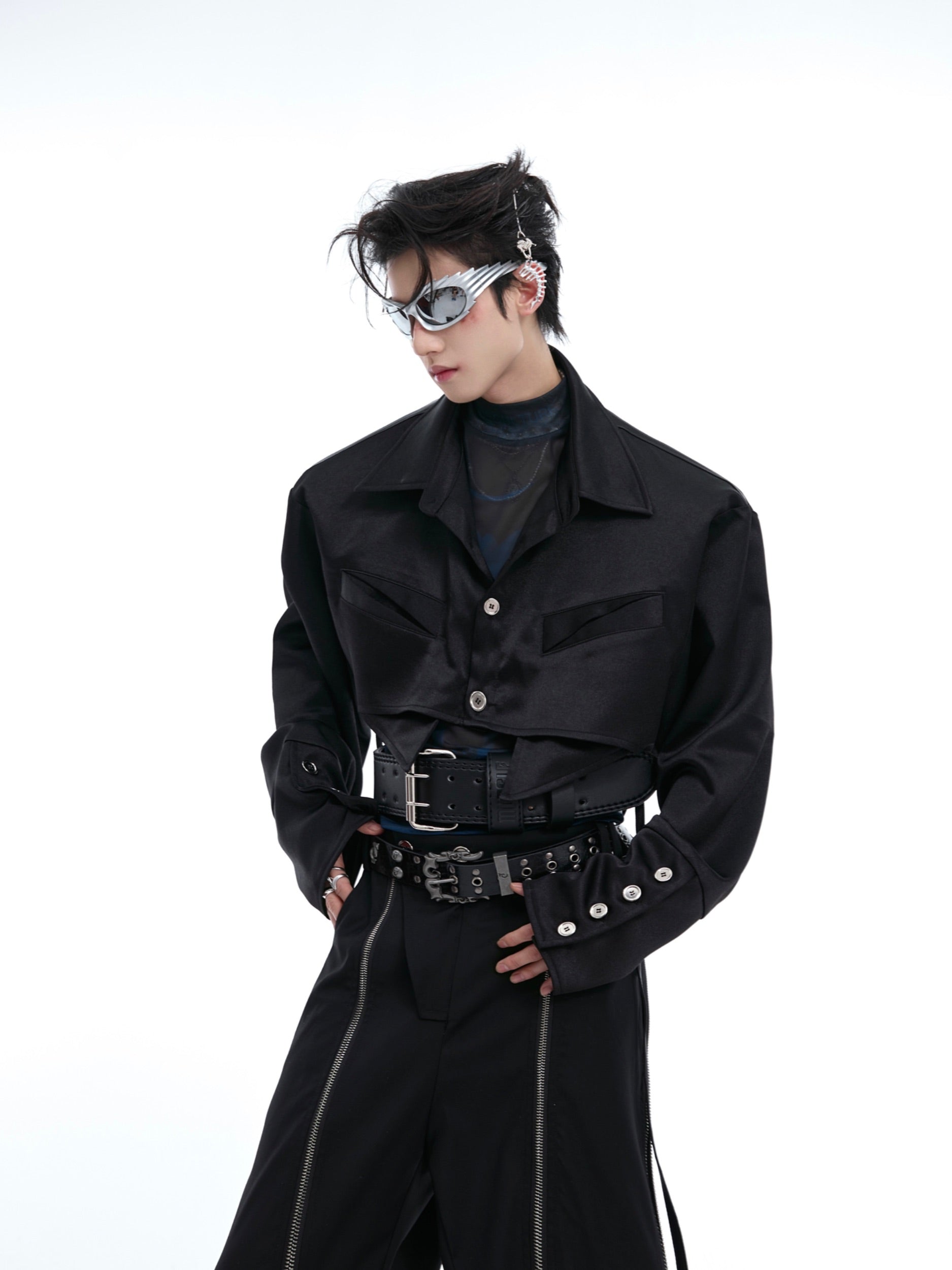 Unique deconstructed short shirt with irregular hemline and luxurious satin fabric drape