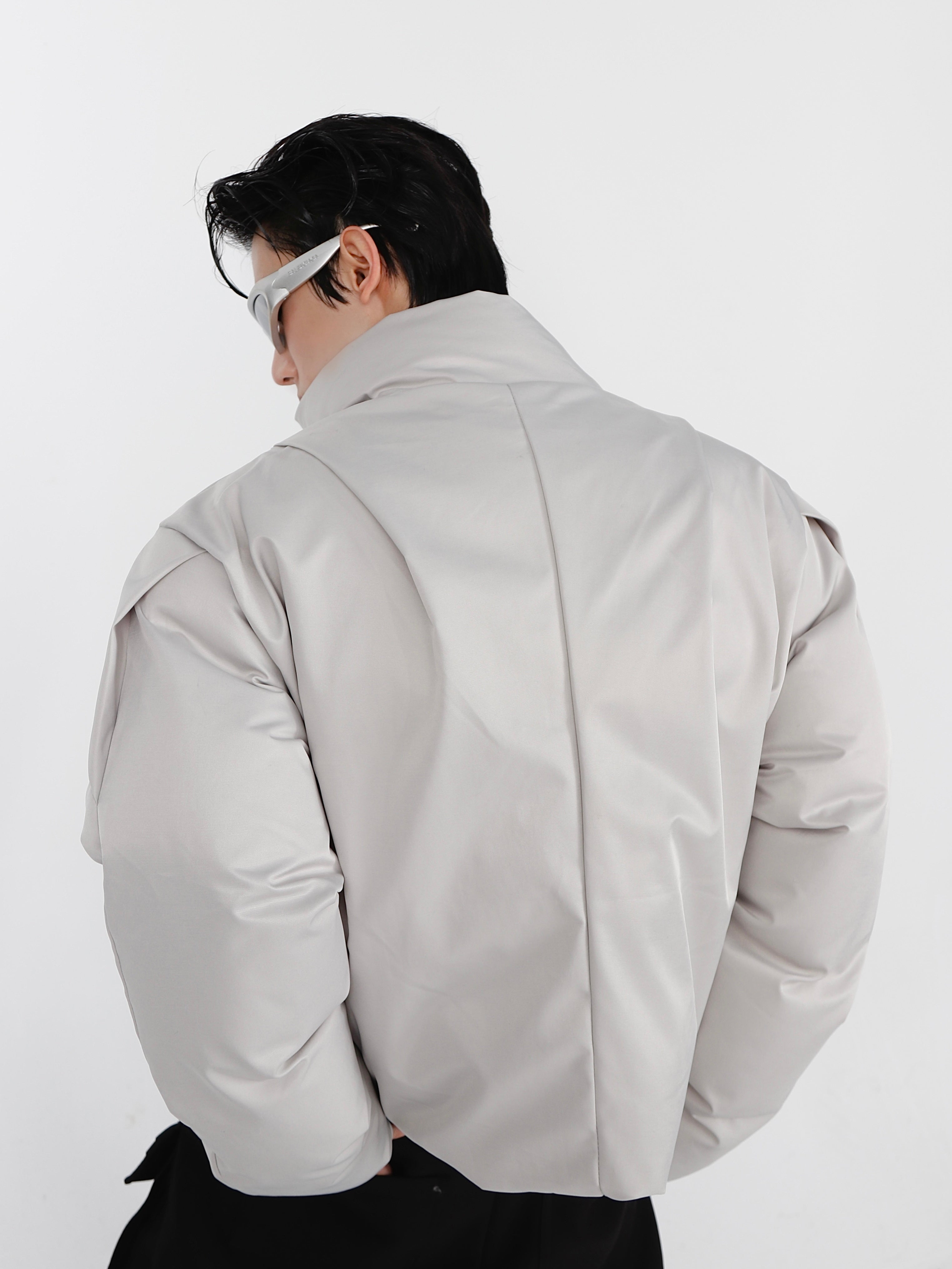 Front view of premium polyester streetwear jacket showing wrinkle-resistant fabric and clean lines
