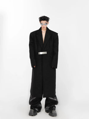 Long oversized lamb-fur padded trench coat with stylish metal buttons, perfect for urban streetwear fashion