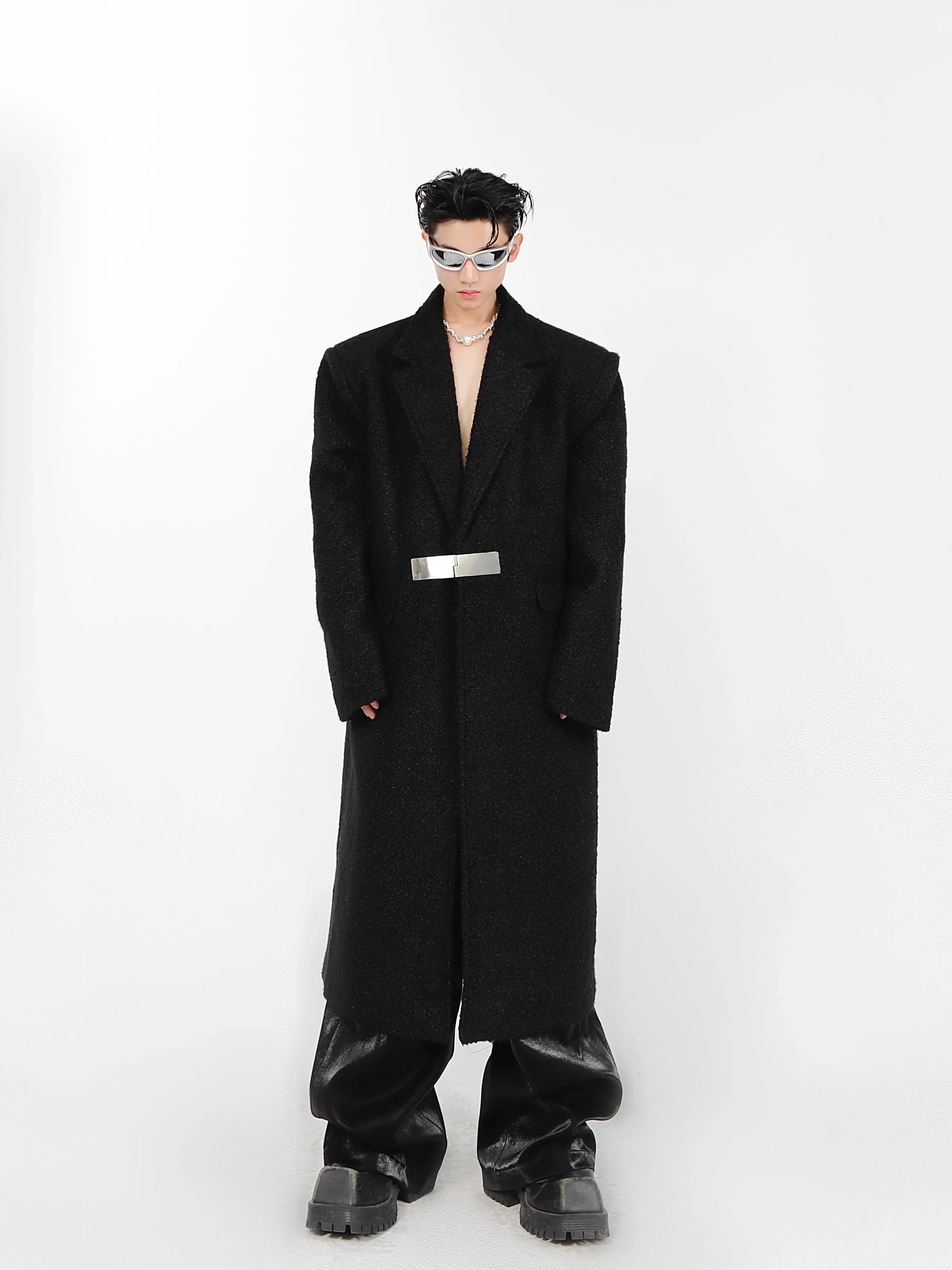 Long oversized lamb-fur padded trench coat with stylish metal buttons, perfect for urban streetwear fashion