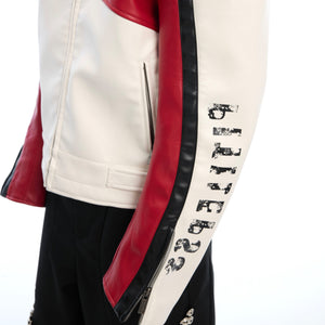 Side profile of slim fit biker jacket showing color block design and premium stitching