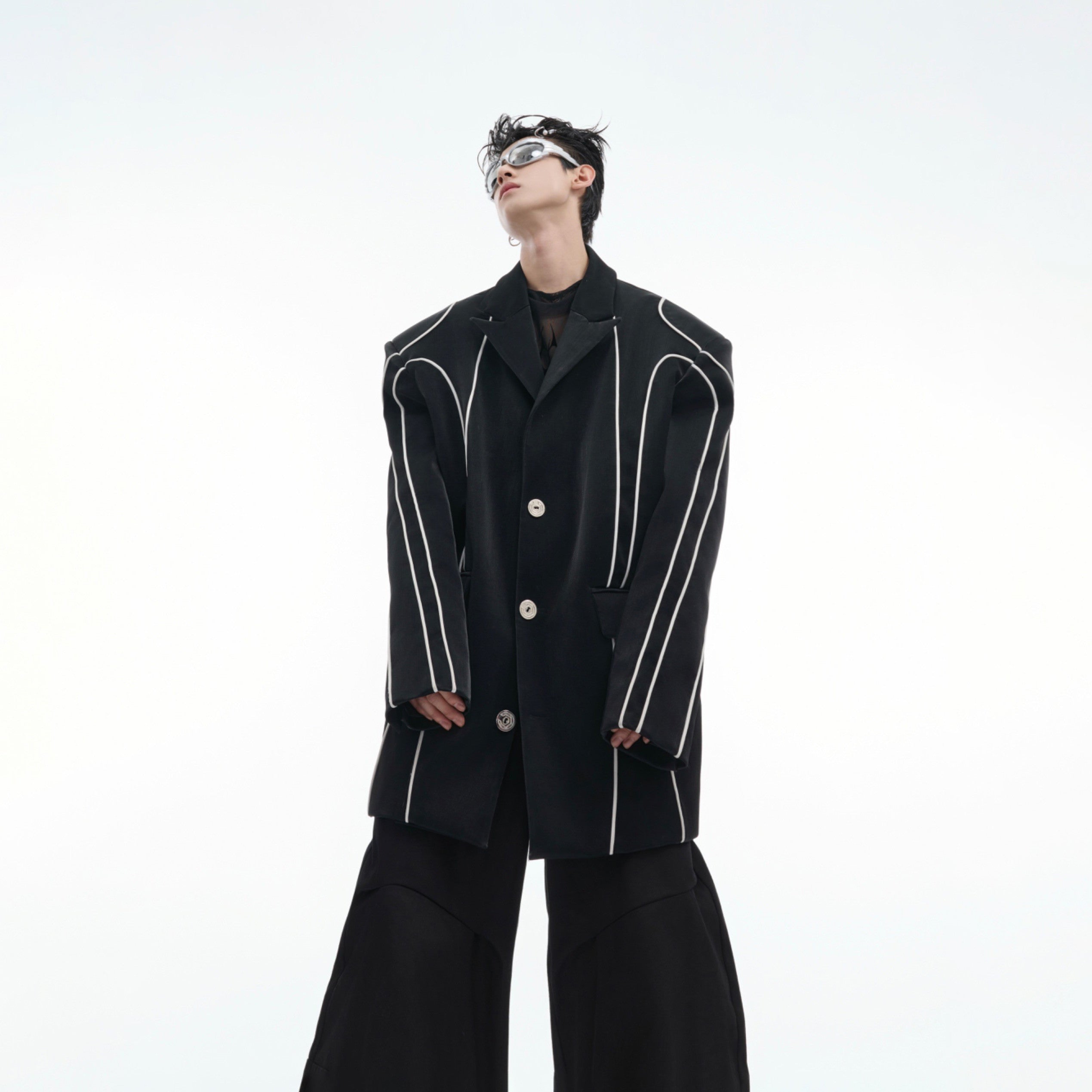Edgy liquid metal PU leather blazer with shoulder pads, featuring reflective stripes for urban streetwear style