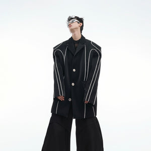 Edgy liquid metal PU leather blazer with shoulder pads, featuring reflective stripes for urban streetwear style