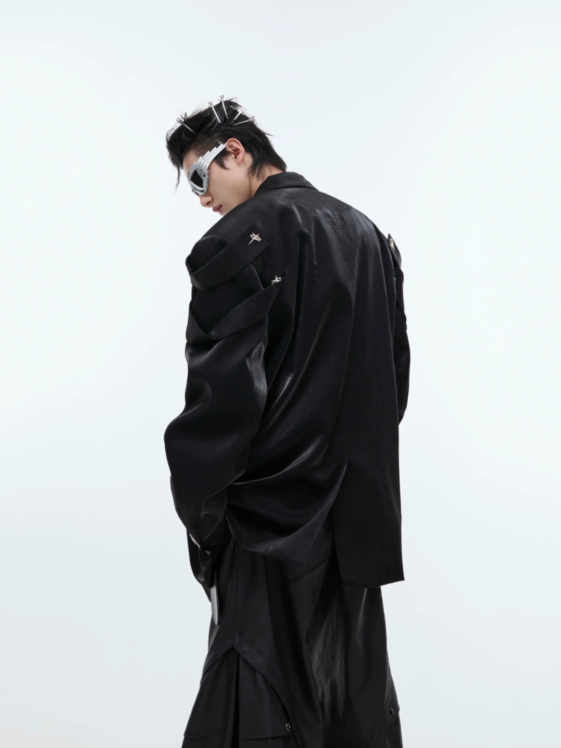 Liquid-Shine oversized blazer with structured shoulder, showcasing deconstructed mens suit jacket design