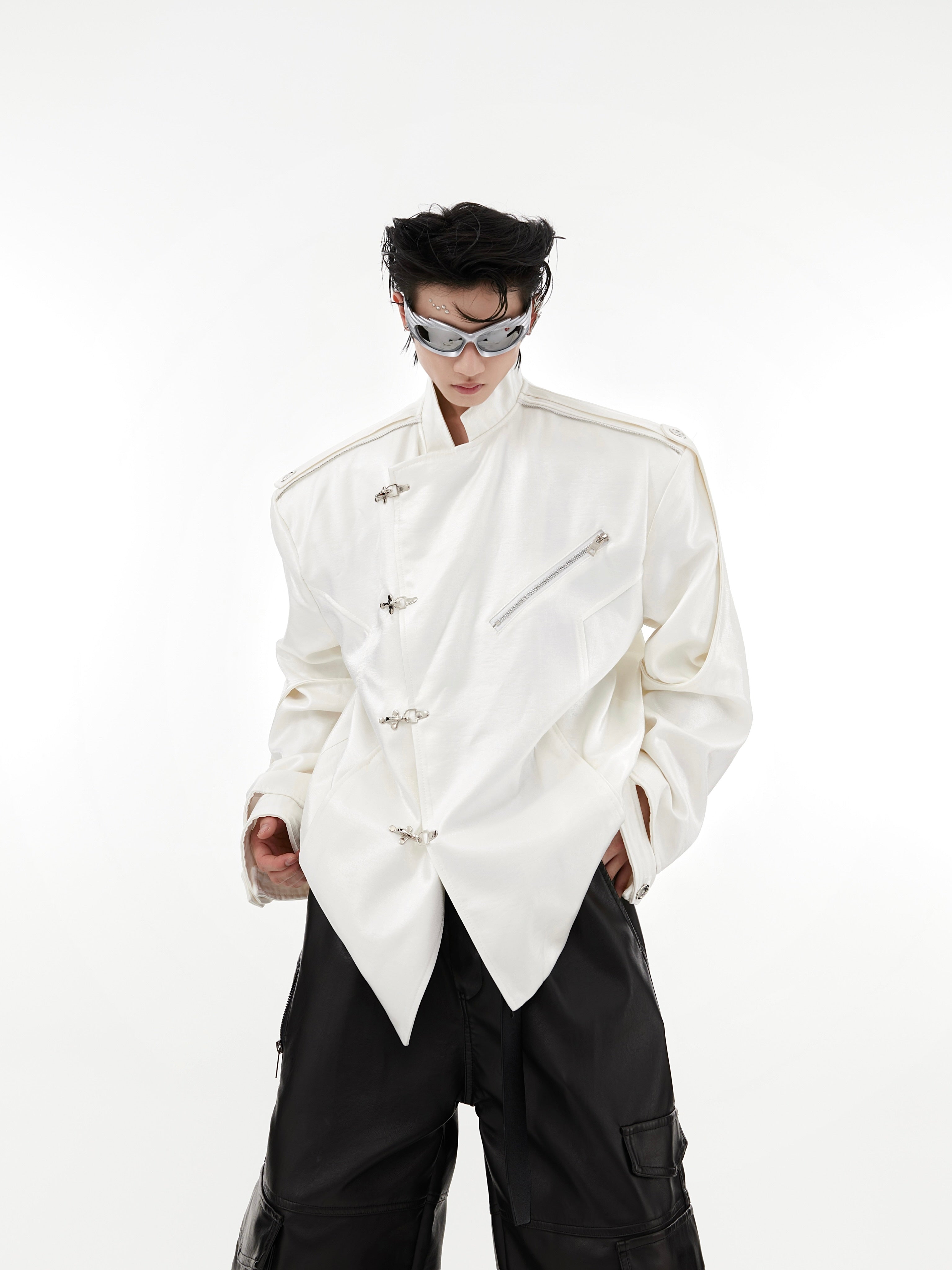 Front view of liquid-shine mandarin collar blazer with epaulets and metal clasps, showcasing unique metallic sheen