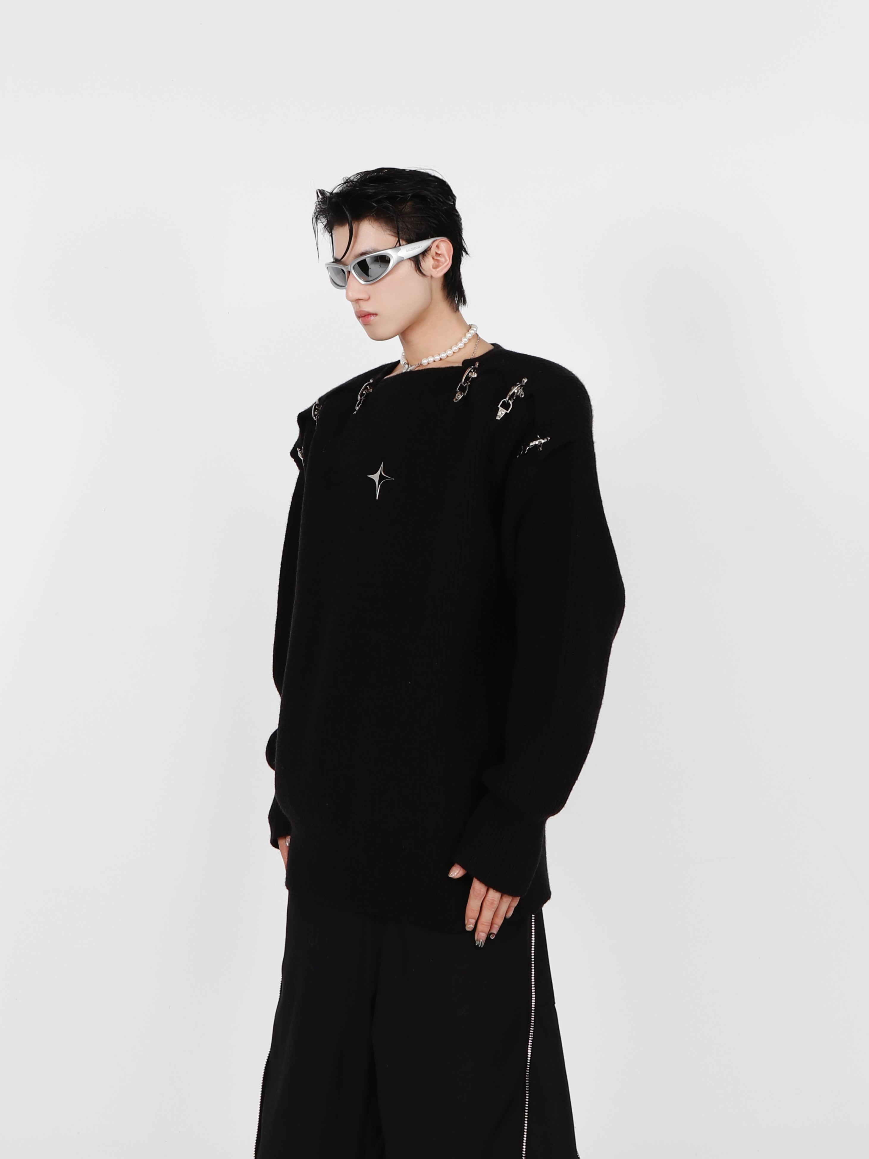Premium cotton long sleeve sweater with anti-wrinkle technology and futuristic metal accents