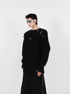 Premium cotton long sleeve sweater with anti-wrinkle technology and futuristic metal accents