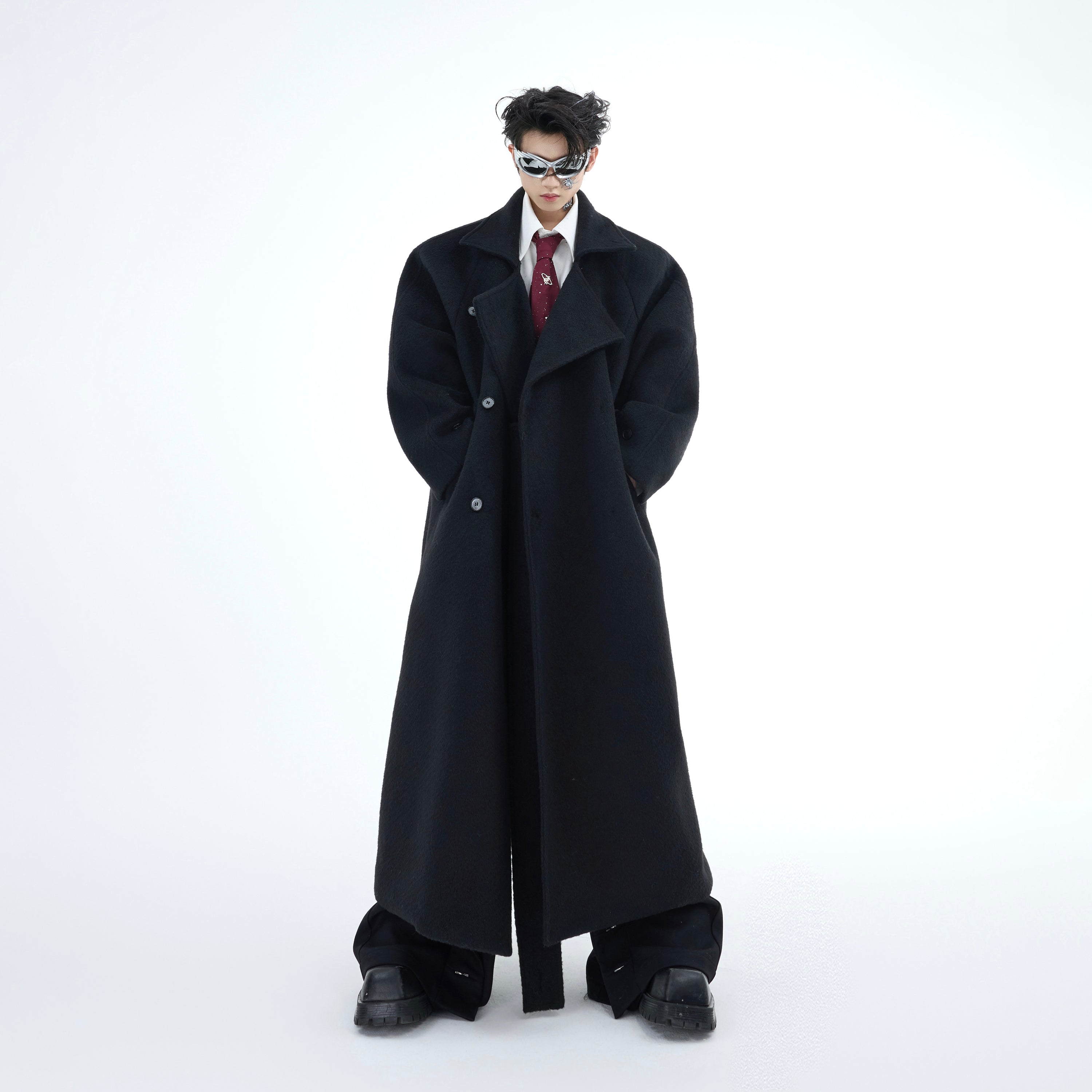 Side profile of long wool trench coat for men with perfect drape and thickness for warmth
