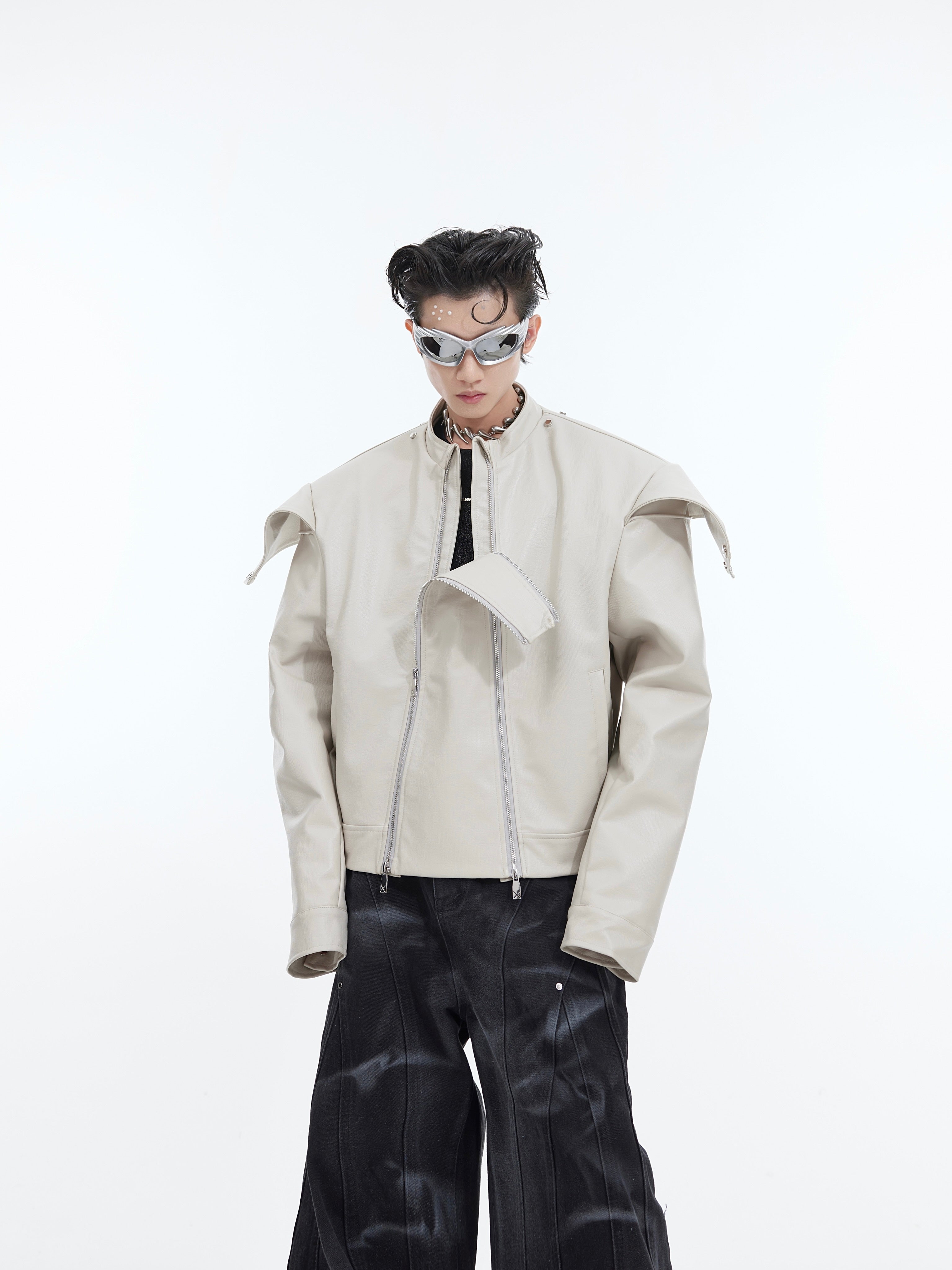 Model wearing loose fit asymmetrical biker jacket, demonstrating its avant-garde streetwear look