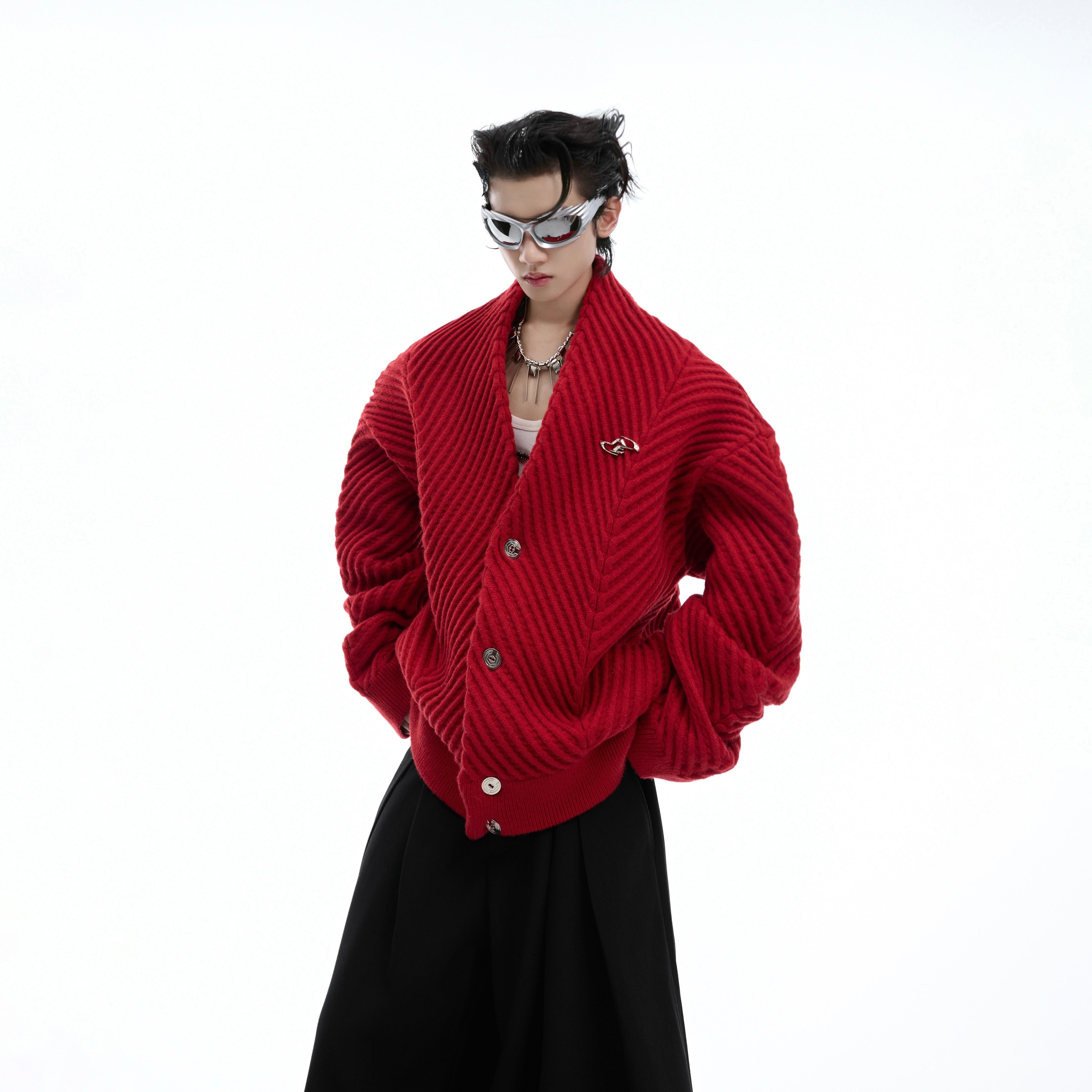 Loose fit streetwear cardigan featuring a stylish ribbed V-neck that frames the neckline for contemporary look