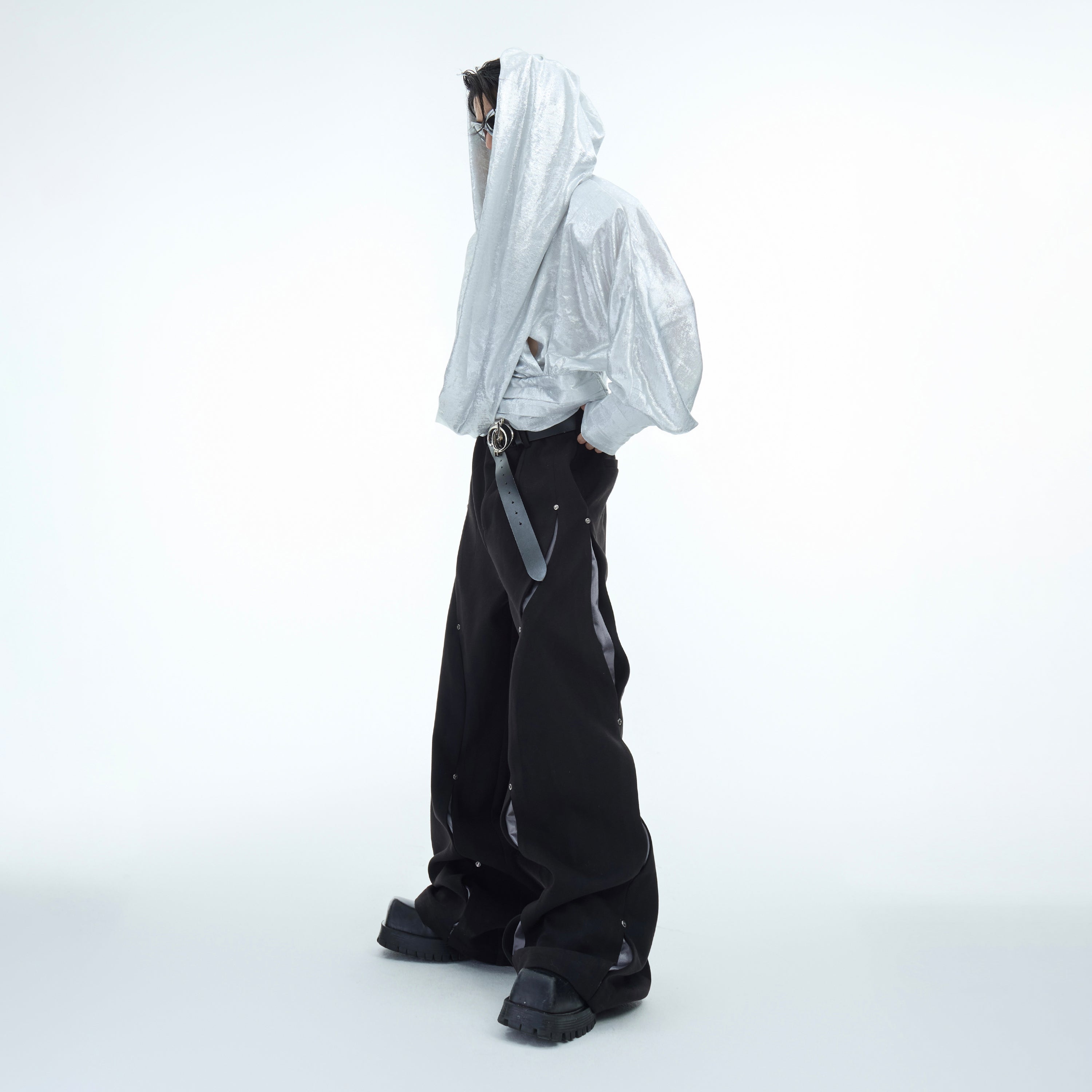Styling shot of fashion-forward wool trousers with urban attitude and edgy detailing