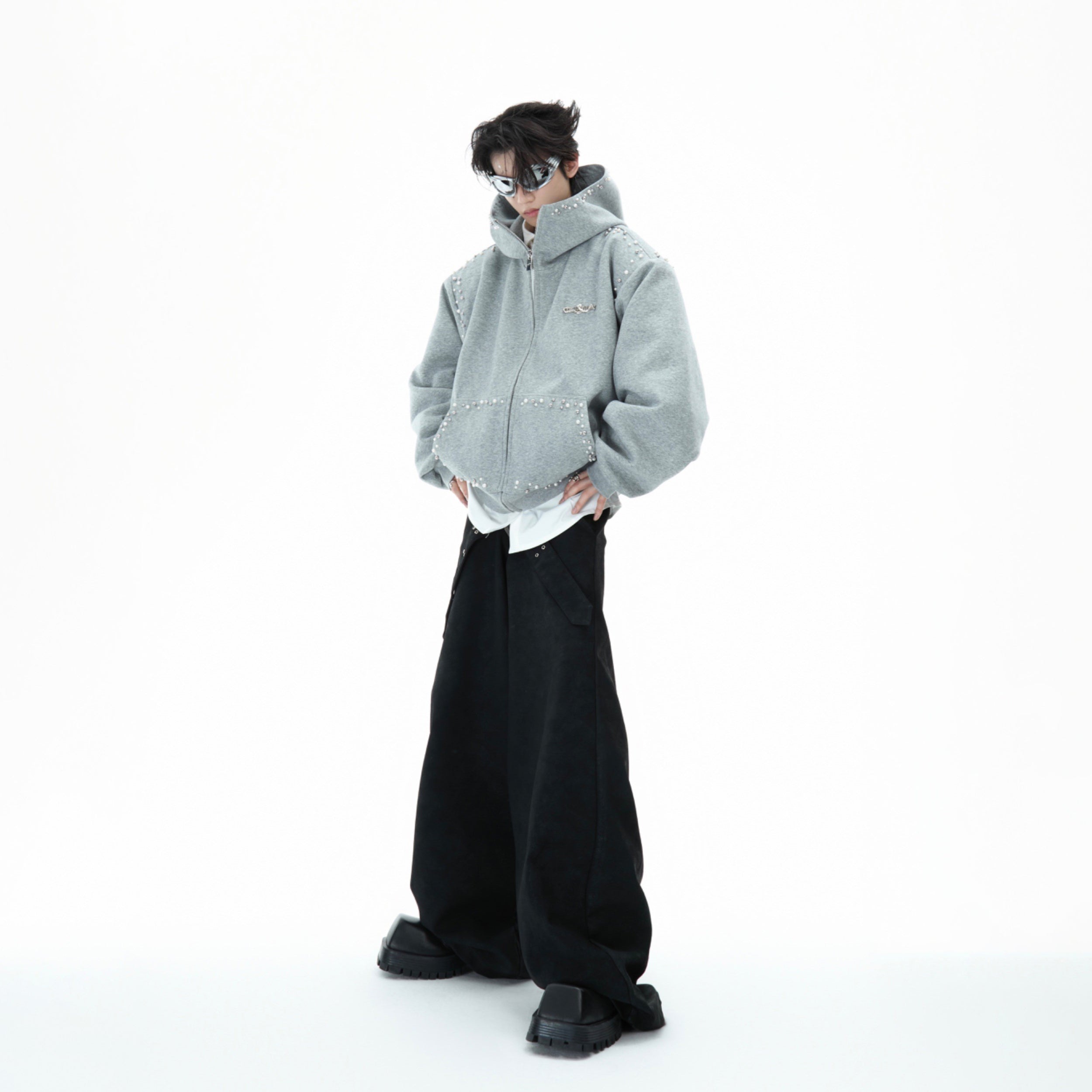 Detail shot showing the brushed fleece interior of premium oversized pearl hoodie