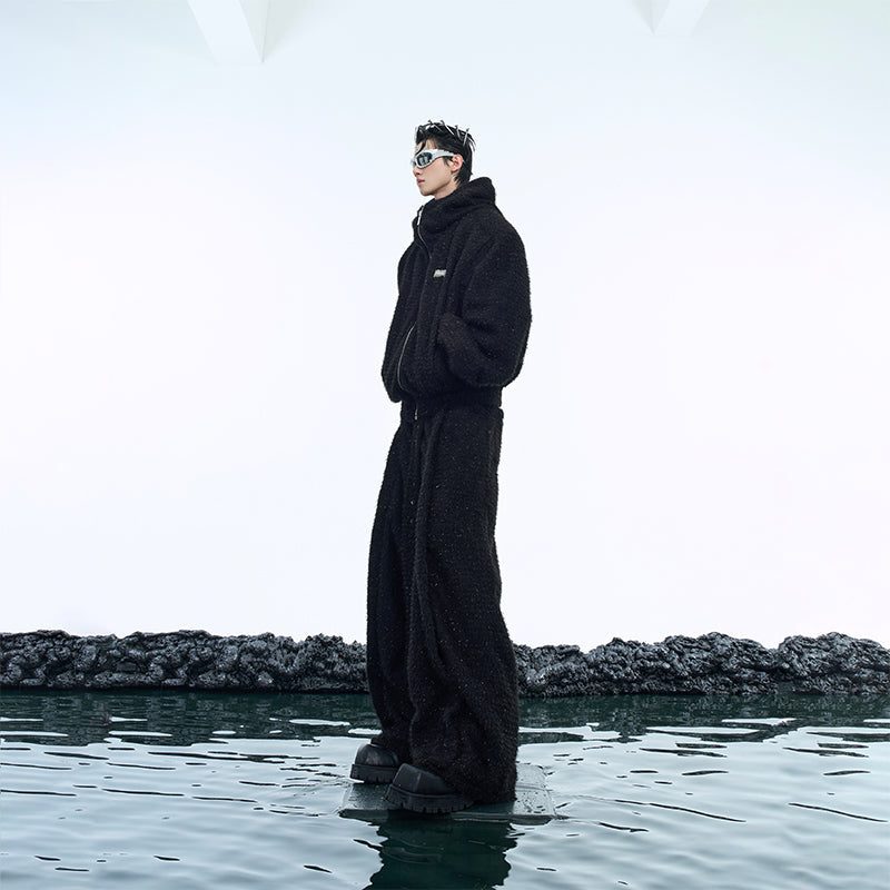 Fashionable deconstructed set with matte PU leather pants and matching hoodie for winter streetwear