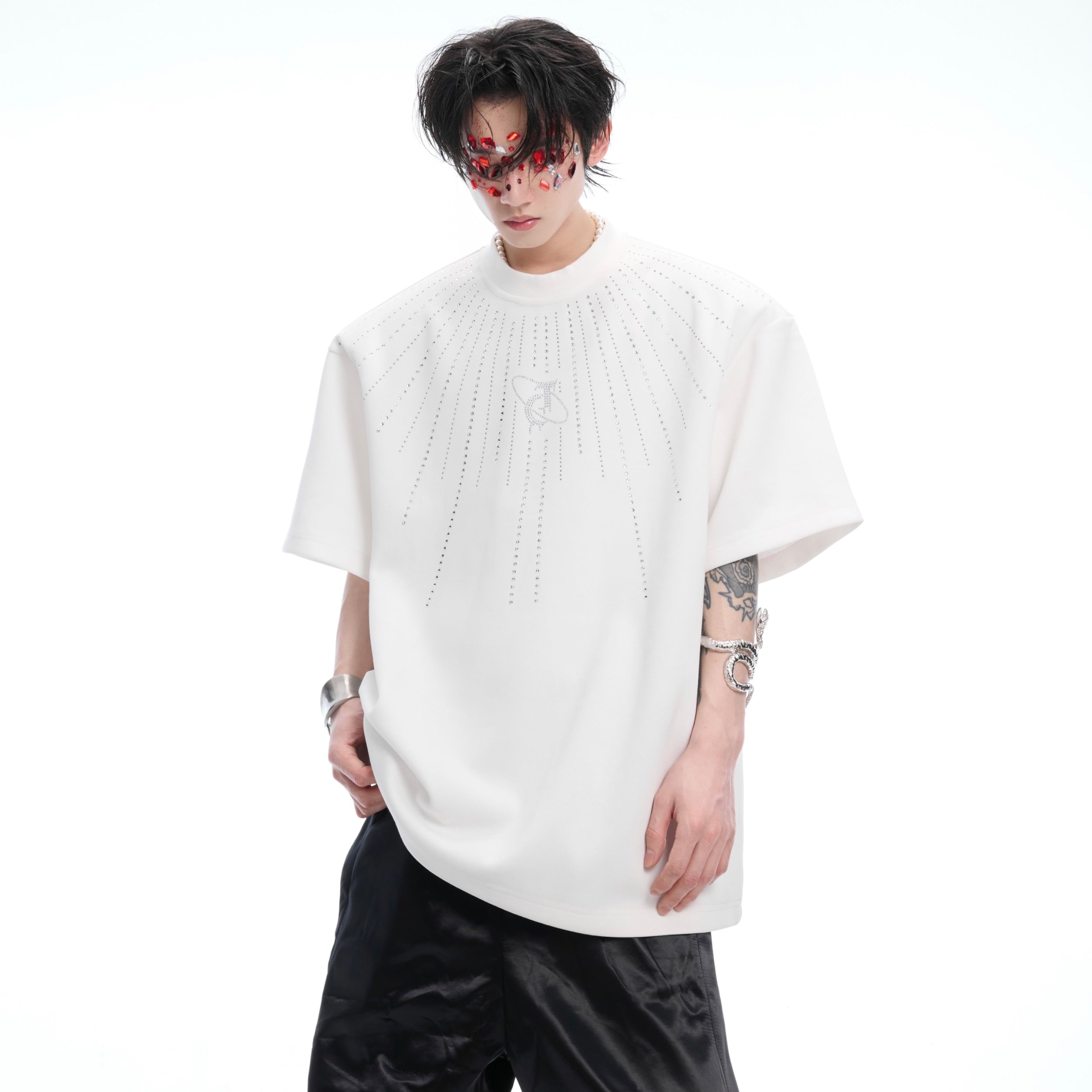 Back view showing the full oversized fit of the trendy diamond print graphic t-shirt