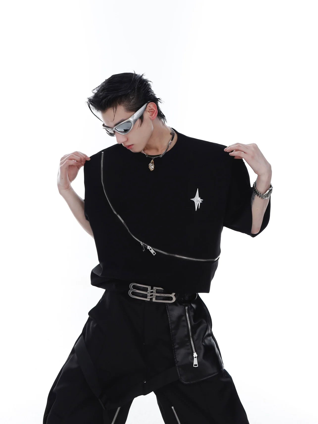 Men's zip-up graphic cotton tee with avant-garde streetwear design, showing front view with bold structural lines
