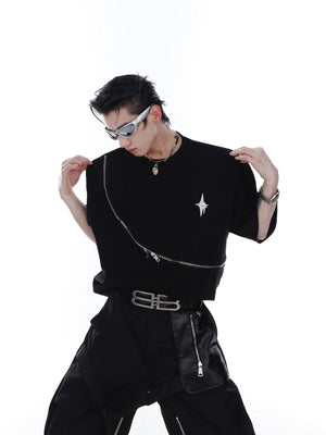 Men's zip-up graphic cotton tee with avant-garde streetwear design, showing front view with bold structural lines