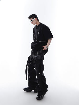 Stylish man wearing the zip-up graphic tee, demonstrating the garment's fit and urban aesthetic