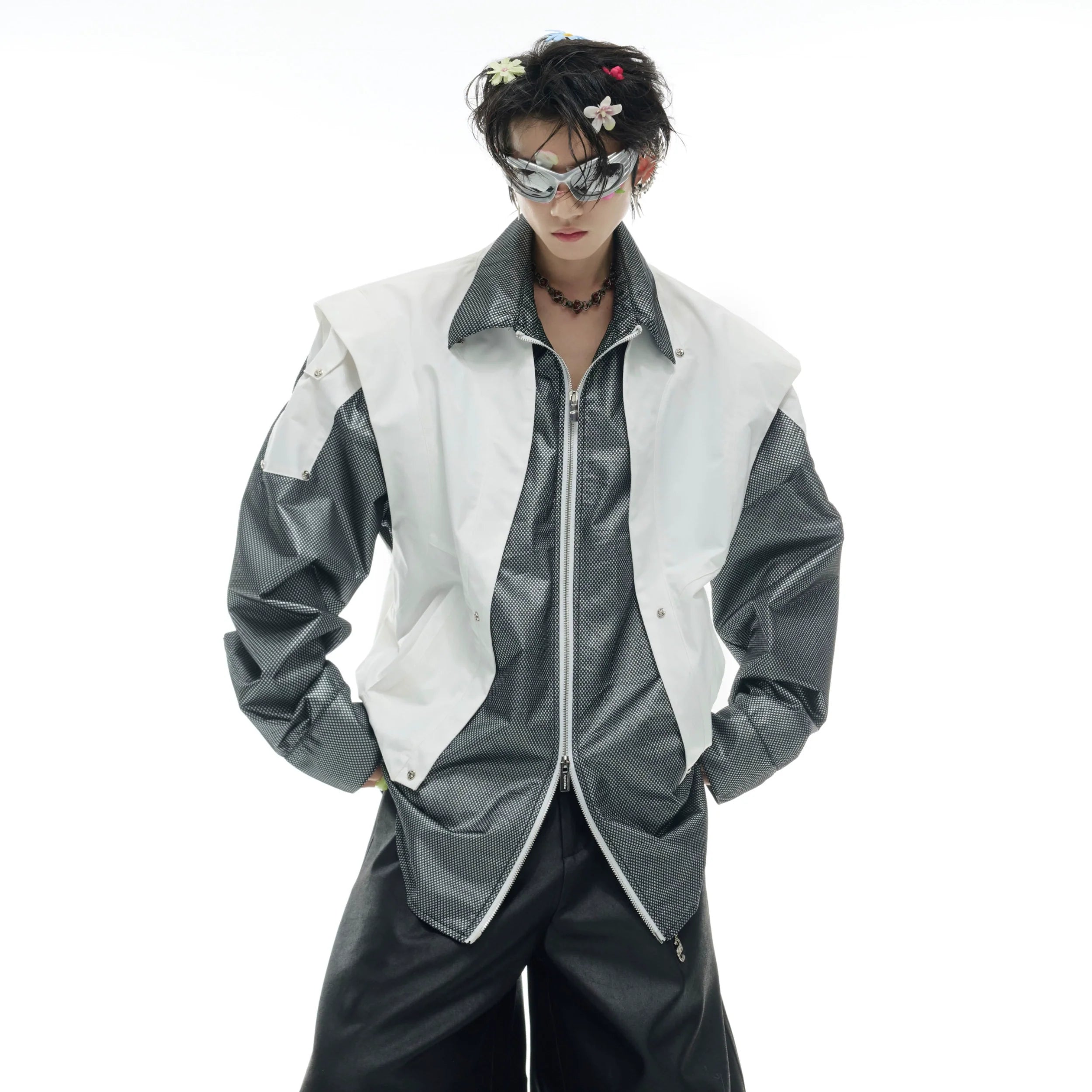 Front view of deconstructed utility mesh overshirt with metallic finish, perfect for streetwear outfits