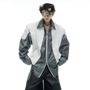 Front view of deconstructed utility mesh overshirt with metallic finish, perfect for streetwear outfits