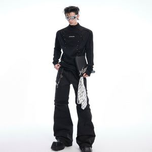 Lay-flat view of high-neck long sleeve mesh top showing deconstructed panels and modern silhouette