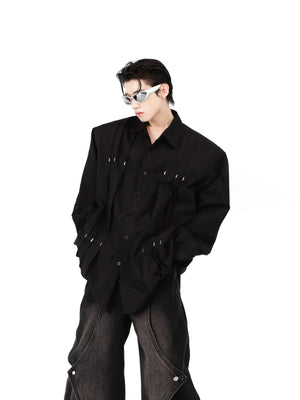 Front view of edgy cotton shirt with metal studs and shoulder pads, perfect for urban streetwear style