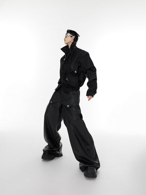 Edgy streetwear leather jacket with eye-catching metallic accents and contemporary deconstructed design