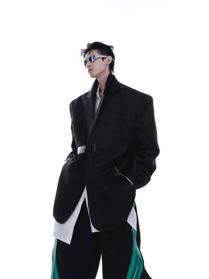 Front view of avant-garde blazer with metallic buckle details and padded shoulders, featuring a striking zipper design on icy-silk fabric