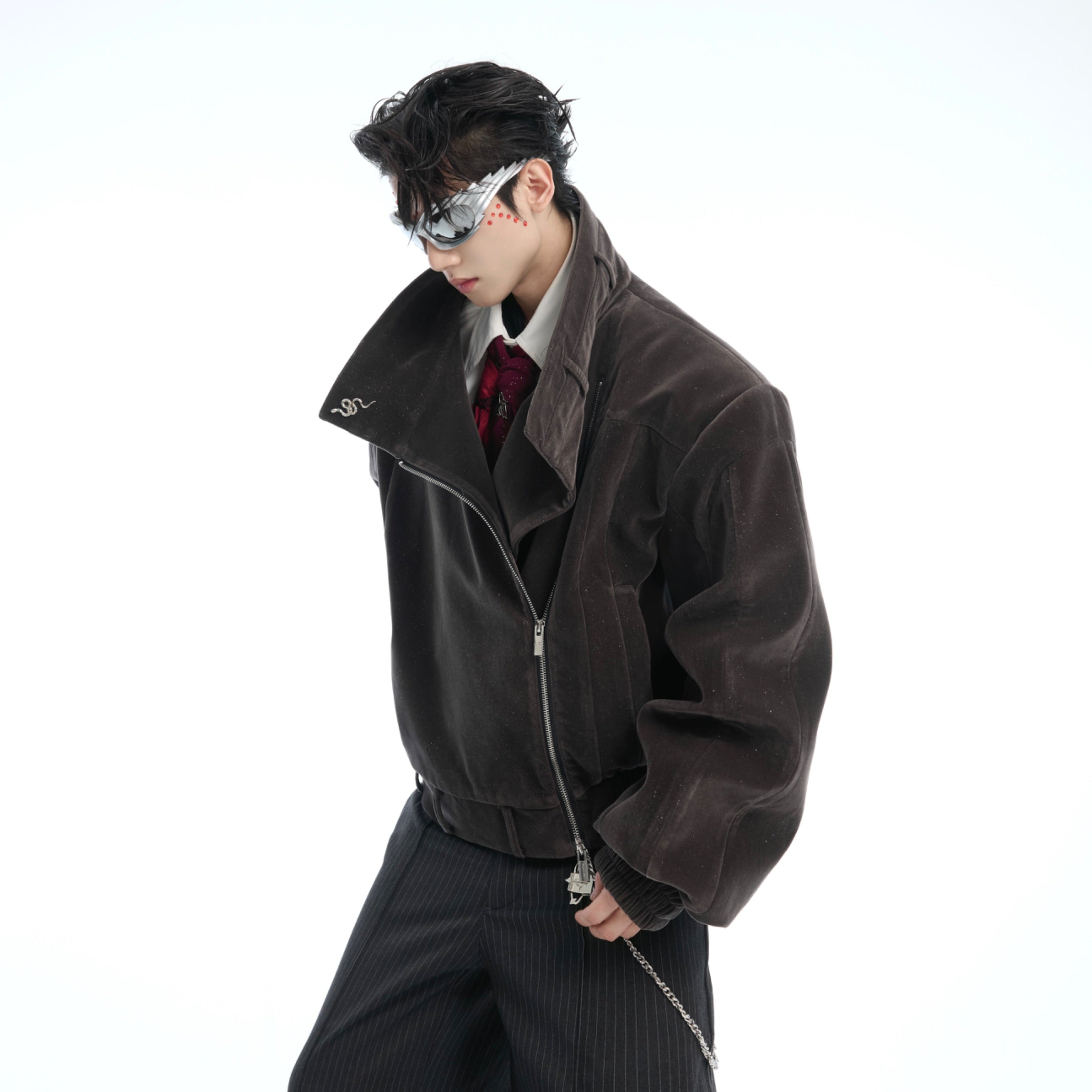 Side profile of the edgy cropped jacket showing the perfect fit and metallic accents for urban fashion lovers