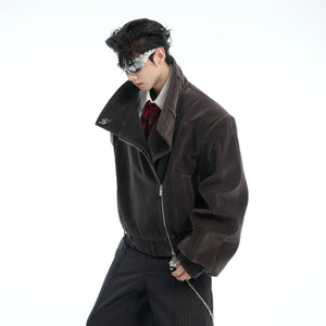Side profile of the edgy cropped jacket showing the perfect fit and metallic accents for urban fashion lovers