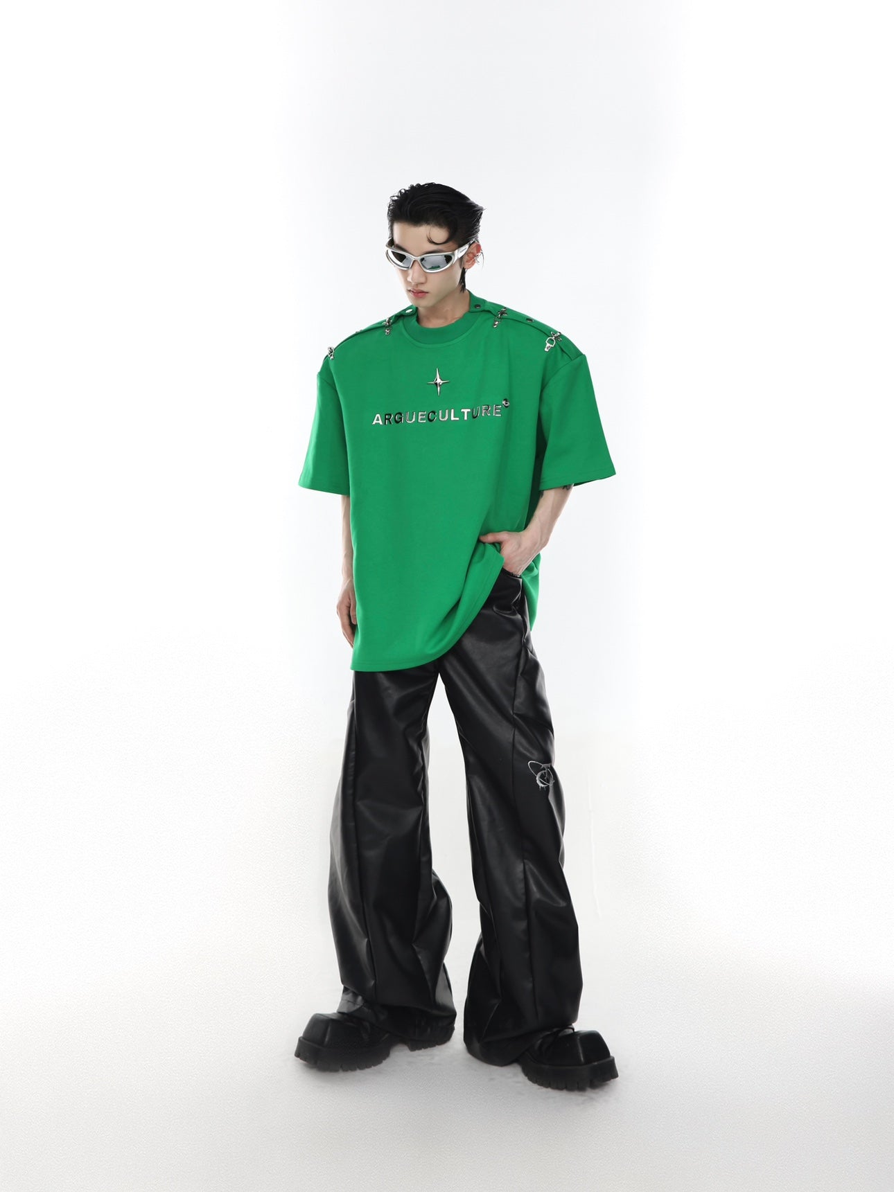 Clean look of structured t-shirt without shoulder pads showing versatile streetwear styling