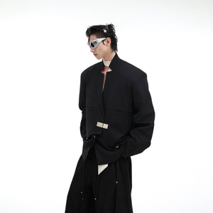 Styling example showing how to layer this deconstructed blazer for urban streetwear looks