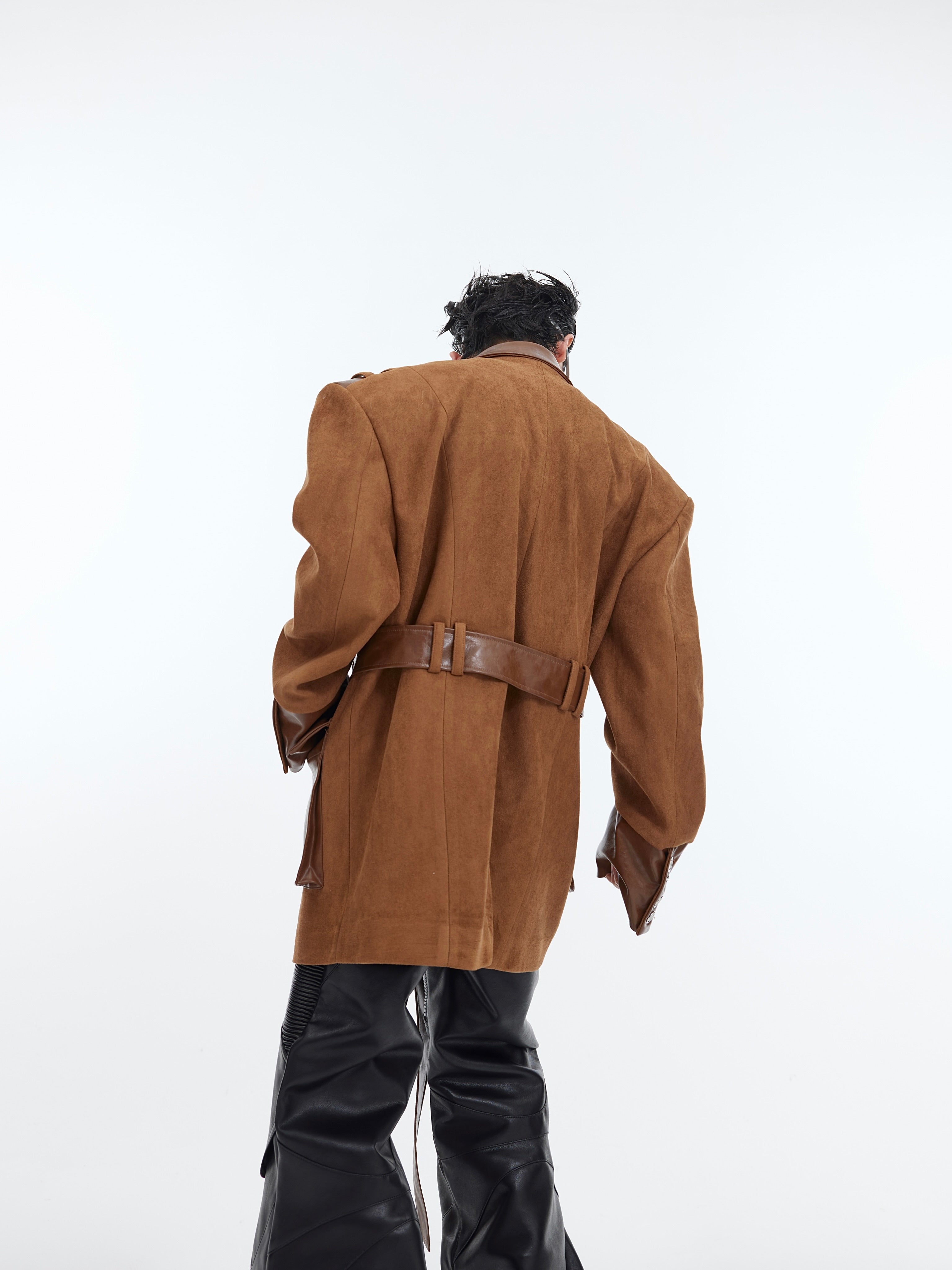 Front view of oversized blazer featuring wrinkle-resistant fabric and modern streetwear silhouette