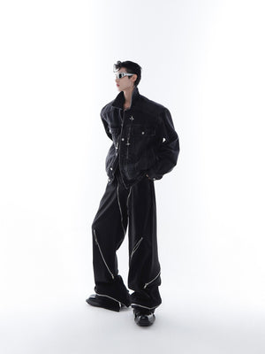 Back view of the avant-garde cropped denim jacket showing its unique oversized streetwear design