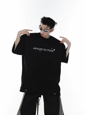 Front view of oversized graphic print tee with avant-garde drop shoulder design for streetwear style